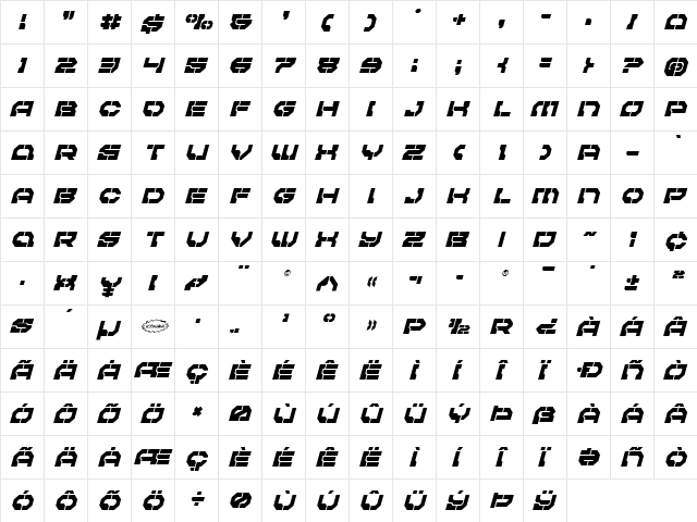 Pulsar Class Semi-Condensed Italic Condensed Italic  glyph index