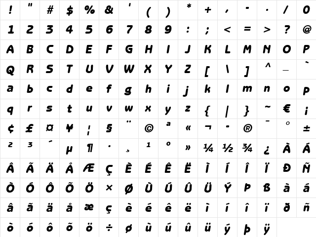 BenguiatGothic LT Heavy Italic  glyph index