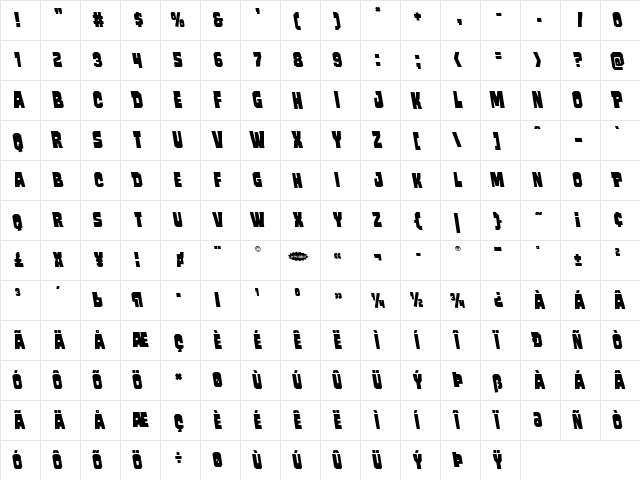 Mindless Brute Leftalic Italic  glyph index