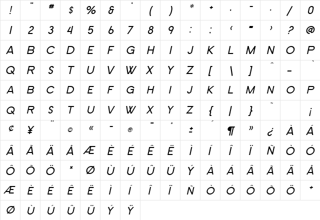 SF Old Republic SC Italic  glyph index