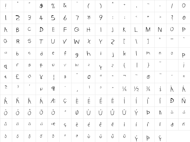 Kidstuff Regular  glyph index