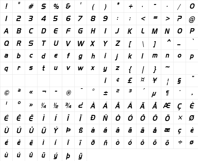 Hanzel-Condensed Italic  glyph index