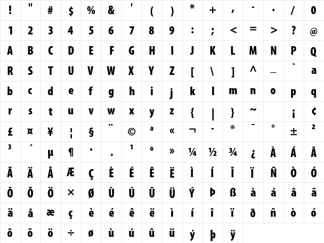 Myriad Pro Black Condensed  glyph index