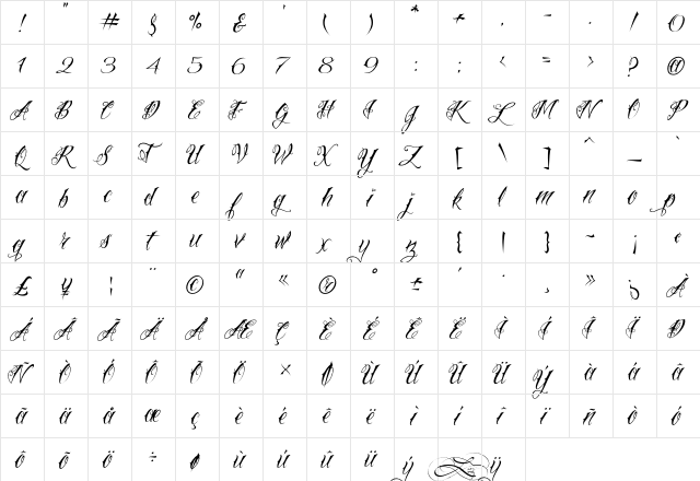 Vtc-NueTattooScript Regular  glyph index