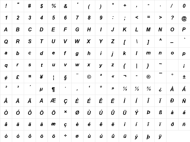 Utsaah Bold Italic  glyph index