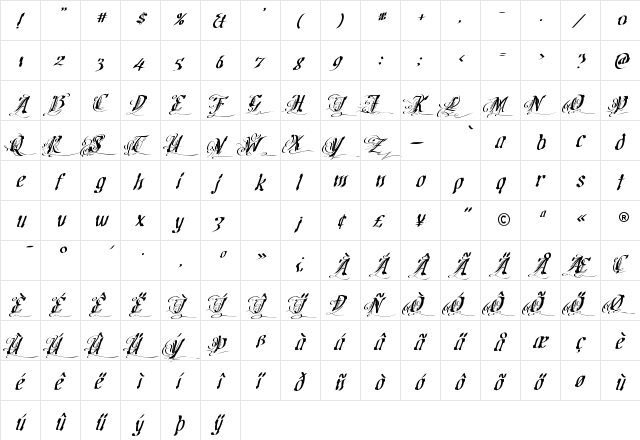Cretino Regular  glyph index