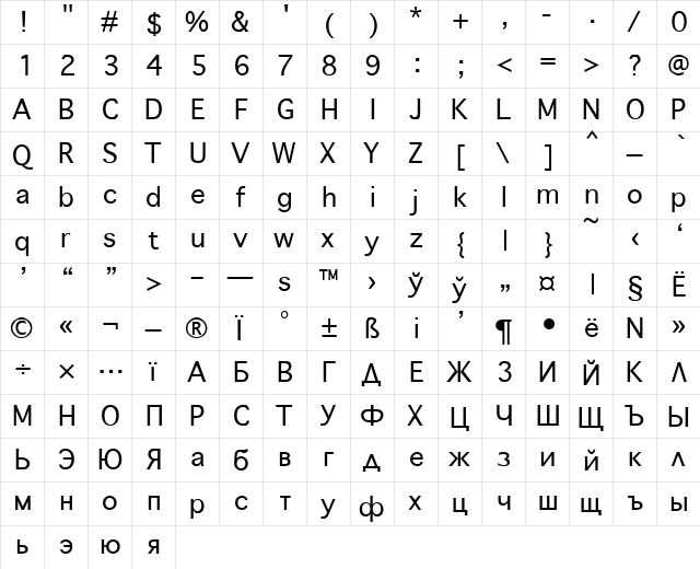 Geneva Plain  glyph index