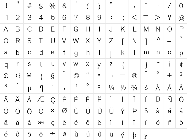 VolvoSansLight Light  glyph index