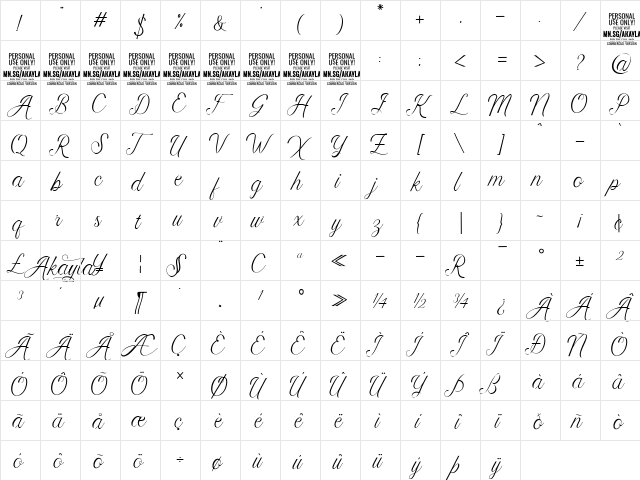 Akayla Script PERSONAL USE Regular  glyph index