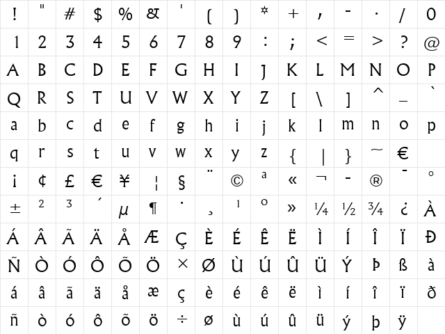 Flareserif821 Lt BT Light  glyph index