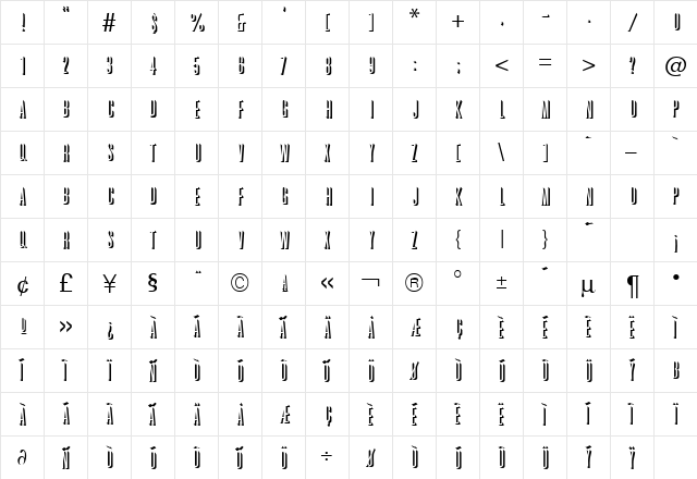 GraphiteShadow DB Regular  glyph index