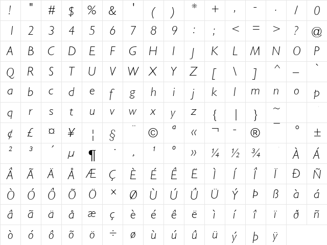 Gill Sans Light Italic  glyph index