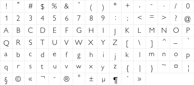 GillSansLightC Regular  glyph index