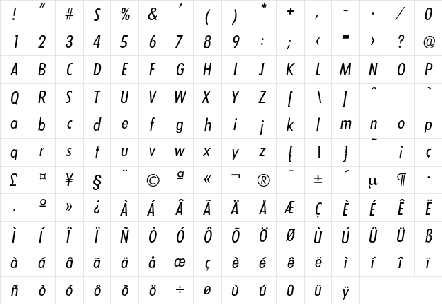 Limerick-RegularCondIta Regular  glyph index
