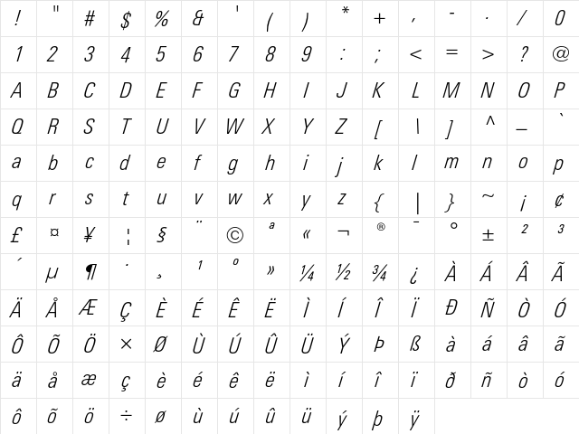 LinotypeUnivers CondLightItalic  glyph index