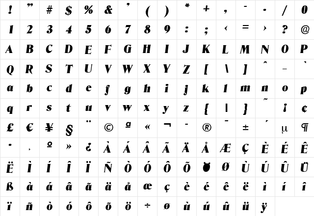 ThomasBecker-Black Italic  glyph index