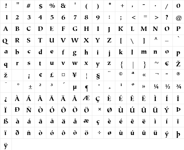 Tiepolo LT Black Regular  glyph index