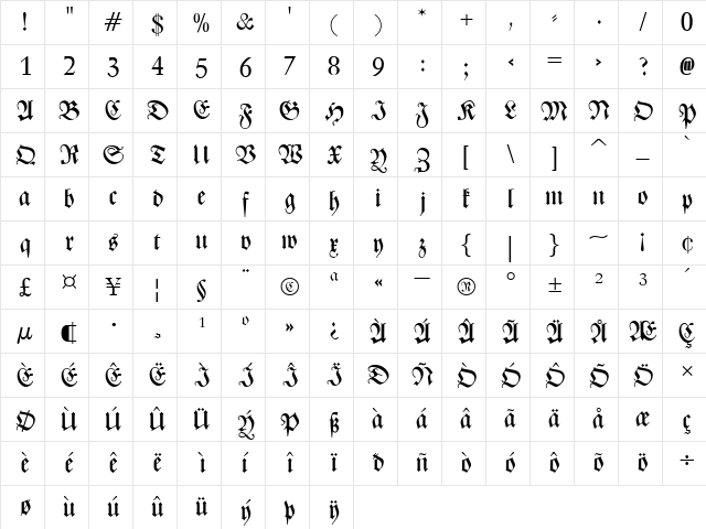 Zentenar Fraktur UNZ1L Italic  glyph index