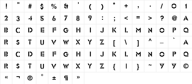 Glasten Regular  glyph index