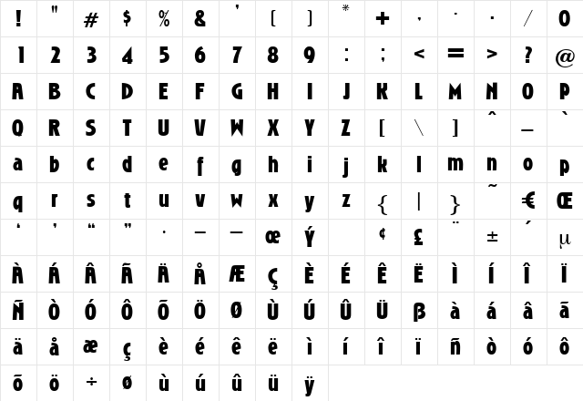 VenusGothicBold Regular  glyph index