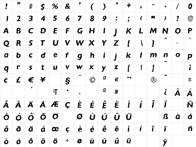 ChantillyRandom BoldItalic  glyph index