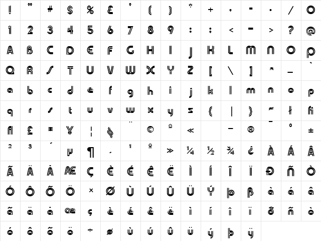 Skin and Bones Regular  glyph index