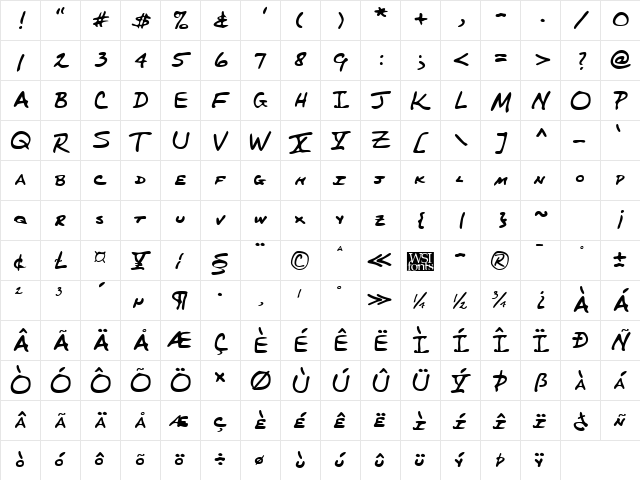 PerkinsHand Regular  glyph index