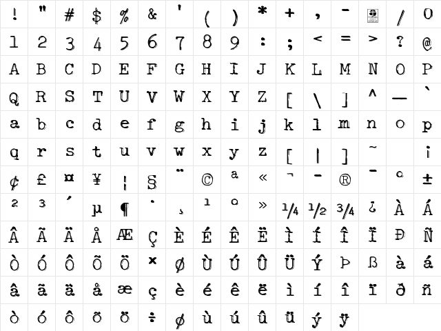 Typo Writer Shaky Demo Regular  glyph index