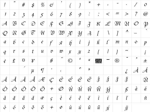 Fiorne Italic  glyph index