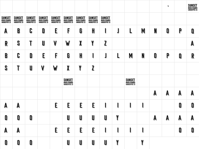 Sunset Boulevard Regular  glyph index