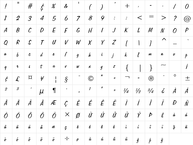 HW Freehand 575 BT Regular  glyph index