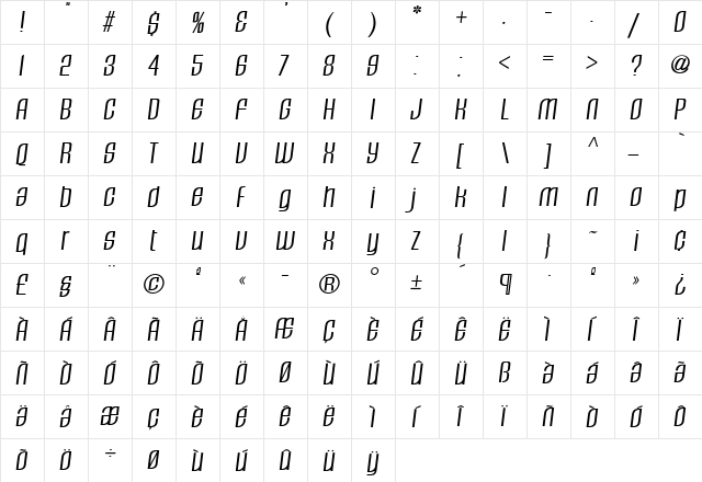 TFCavalier Regular  glyph index