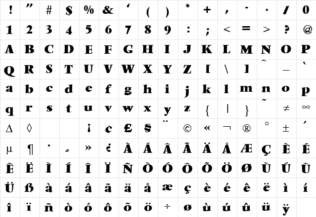 VendomeTwoExtrabold Regular  glyph index