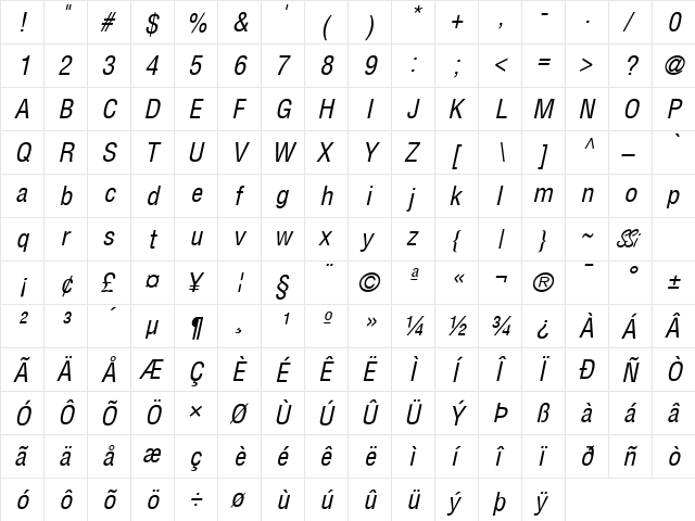 Context Condensed SSi Condensed Italic  glyph index