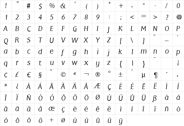 Fleming-Light Italic  glyph index