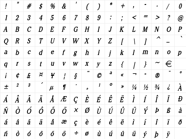 ChelseyCondensed BoldItalic  glyph index