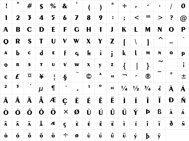 Exotica Bold  glyph index