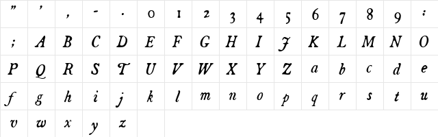Broadsheet Italic  glyph index