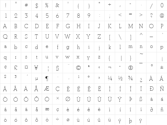 BetonTLig Regular  glyph index