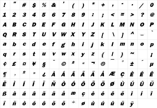 Francis Gothic Italic  glyph index