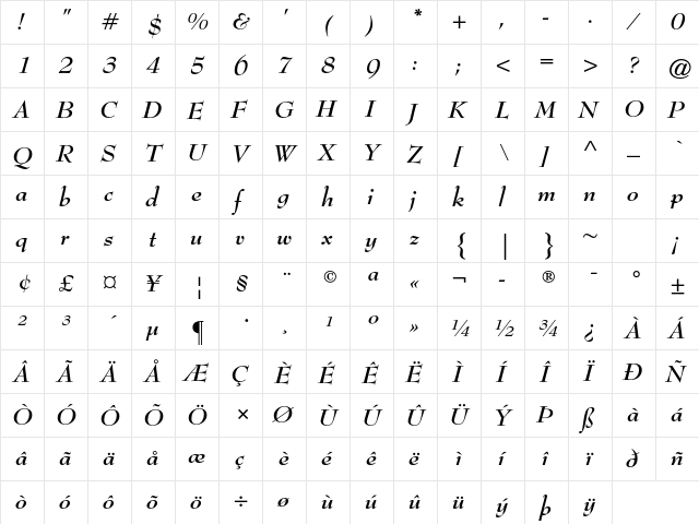 Bernhard Modern Std Bold Italic  glyph index