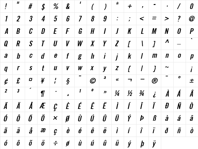CommerceCondSSK SemiBoldItalic  glyph index