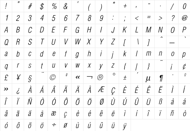 Hallmarke CondLightOblique  glyph index