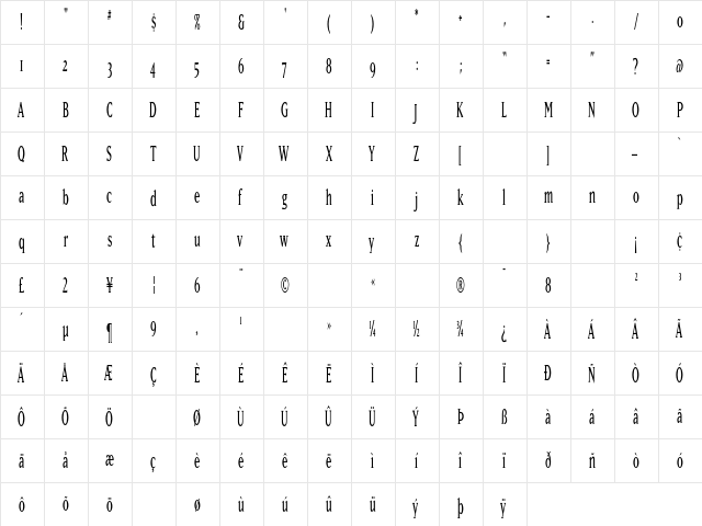 Matrix-Narrow Roman  glyph index