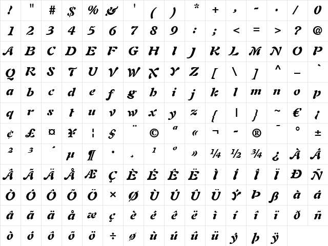 Auriol LT Black Italic  glyph index