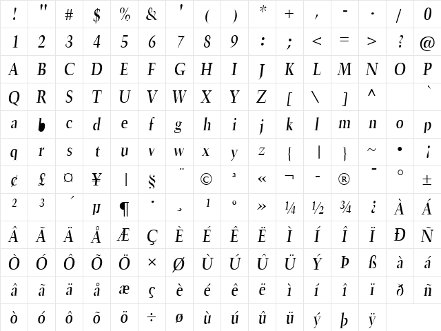 TrumpetLite Italic  glyph index