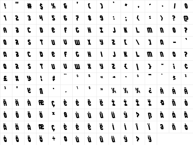 Warrior Nation Leftalic Italic  glyph index