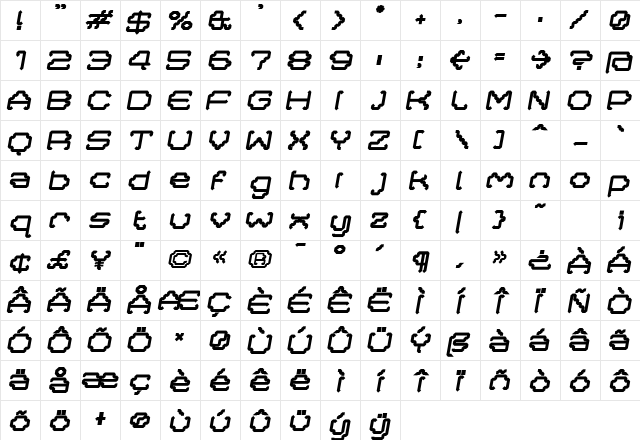 Masta Bold  glyph index