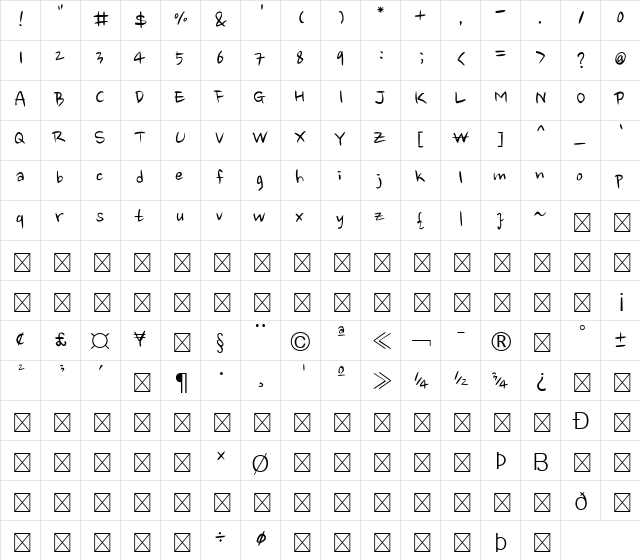 Nanum Brush Script Regular  glyph index