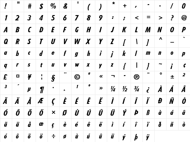 Tempo LT HeavyCondensed Italic  glyph index